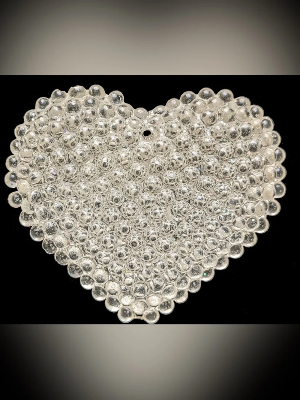 Vtg Clear Hard Plastic Heart Ornament - White Sparkle